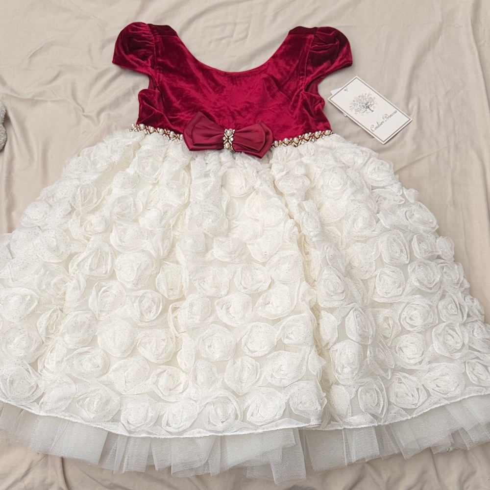 Macy's Burgundy Velvet & Ivory Rosette Party Dress with Jewel Bow